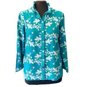 Soft Surroundings Isla Verde Teal Embroidered Blouse Linen Blend Roll Tab  Sz M